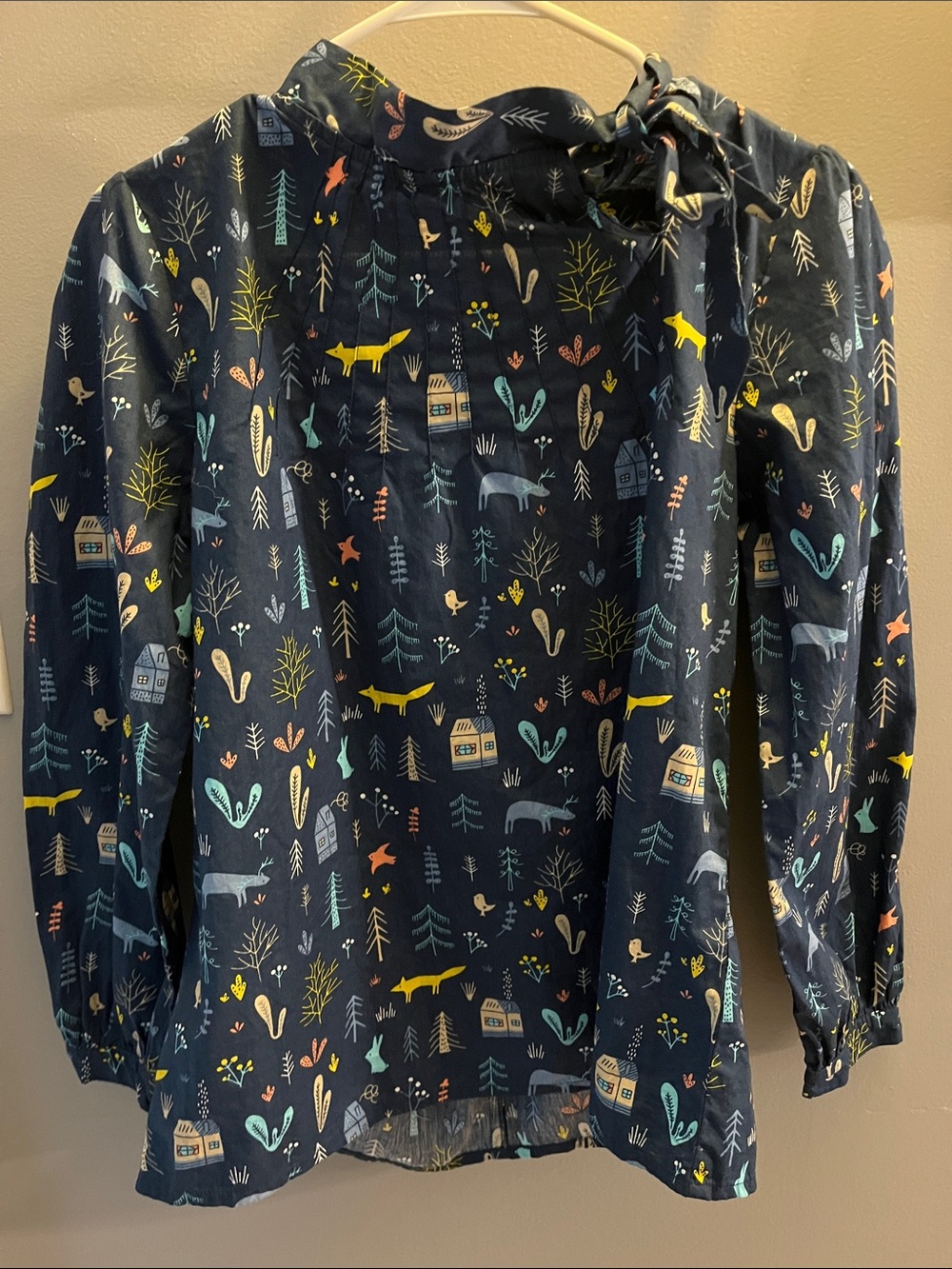 Modcloth Navy Woodland Tie-Neck Blouse with Colorful Motifs